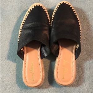 Black leather espadrille mules